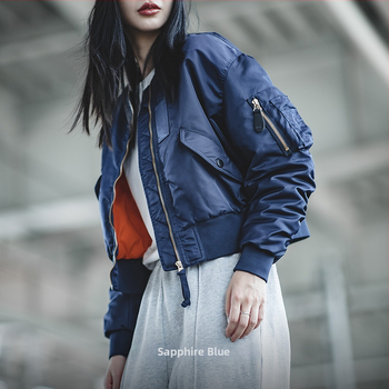 Jachetă damă MA-1 bomber din nylon: exterior nylon, umplutură 100% poliester, gros pentru iarnă, guler înalt cu fermoar, model uni