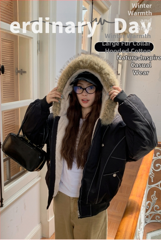 Parka cu glugă și guler din blană artificială demontabil, umplutură din puf-bumbac, exterior poliester, croială lejeră, iarnă 2025