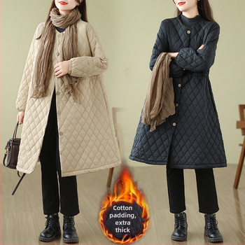 Palton feminin din bumbac cu umplutură (71–80%), quilting diamant, lungime lungă, guler rotund, închidere cu nasturi pe un singur rând