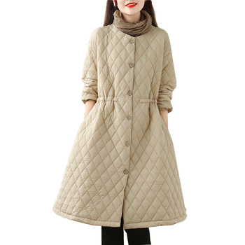 Palton feminin din bumbac cu umplutură (71–80%), quilting diamant, lungime lungă, guler rotund, închidere cu nasturi pe un singur rând
