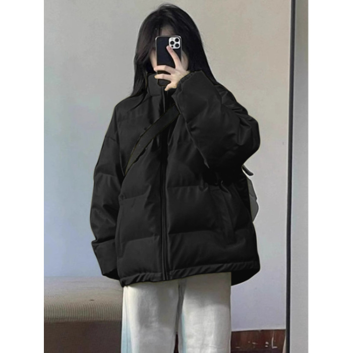 Ženska puffer jakna s pamukom punjenjem, imitacija svile, ultra kratka dužina, polo ovratnik, zatvarač, debela toplina