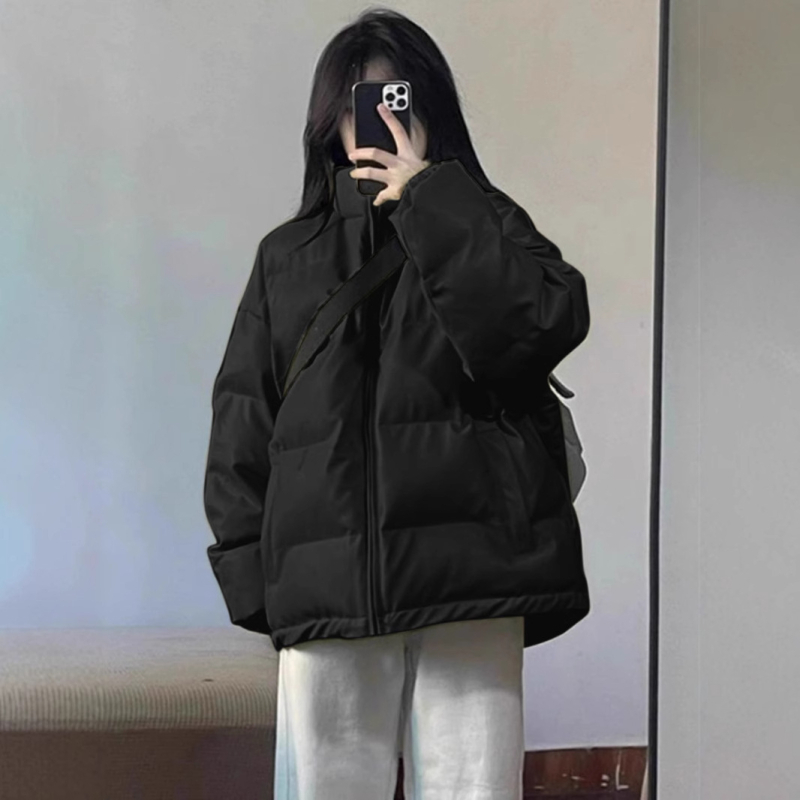 Ženska puffer jakna s pamukom punjenjem, imitacija svile, ultra kratka dužina, polo ovratnik, zatvarač, debela toplina