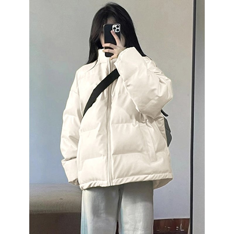 Ženska puffer jakna s pamukom punjenjem, imitacija svile, ultra kratka dužina, polo ovratnik, zatvarač, debela toplina