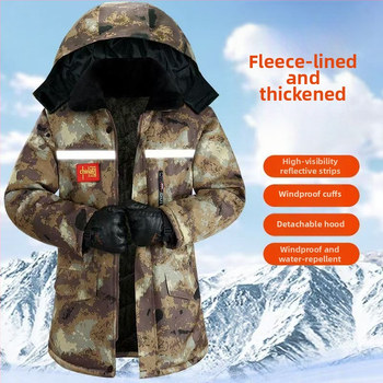 Jachetă căptușită din bumbac cu camuflaj, cu glugă, izolație groasă, fermoar, numeroase buzunare cu clapete, lungime medie, jachetă de iarnă