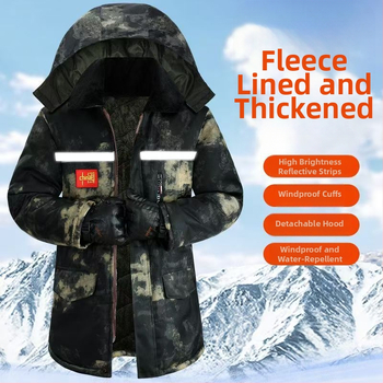Jachetă căptușită din bumbac cu camuflaj, cu glugă, izolație groasă, fermoar, numeroase buzunare cu clapete, lungime medie, jachetă de iarnă