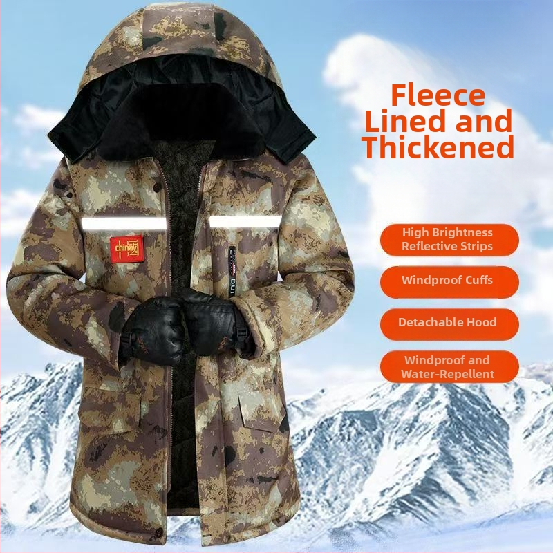 Jachetă căptușită din bumbac cu camuflaj, cu glugă, izolație groasă, fermoar, numeroase buzunare cu clapete, lungime medie, jachetă de iarnă