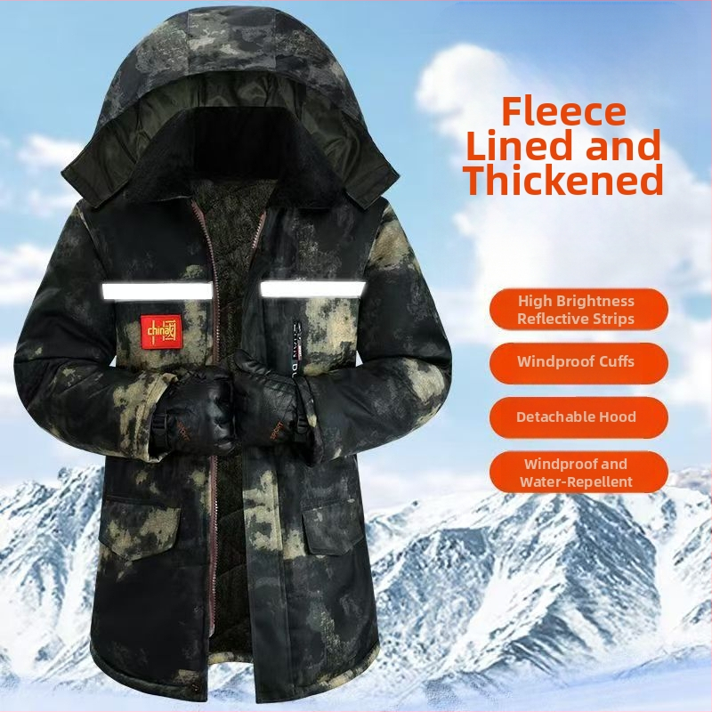 Jachetă căptușită din bumbac cu camuflaj, cu glugă, izolație groasă, fermoar, numeroase buzunare cu clapete, lungime medie, jachetă de iarnă