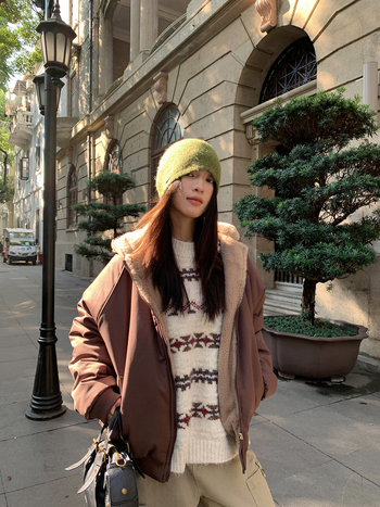 Jachetă de lucru reversibilă de iarnă pentru femei, căptușeală din fleece, guler cu blană artificială de iepure, glugă, închidere cu fermoar, model M3852