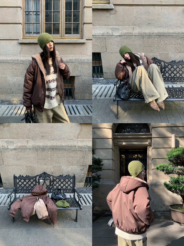 Jachetă de lucru reversibilă de iarnă pentru femei, căptușeală din fleece, guler cu blană artificială de iepure, glugă, închidere cu fermoar, model M3852