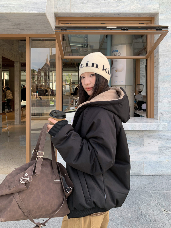 Jachetă de lucru reversibilă de iarnă pentru femei, căptușeală din fleece, guler cu blană artificială de iepure, glugă, închidere cu fermoar, model M3852