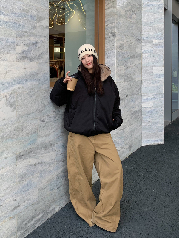 Jachetă de lucru reversibilă de iarnă pentru femei, căptușeală din fleece, guler cu blană artificială de iepure, glugă, închidere cu fermoar, model M3852