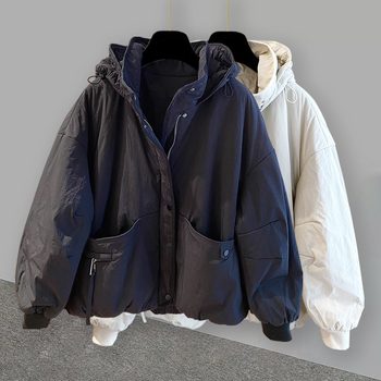 Geacă de iarnă cu glugă, stil coreean pentru bărbați, croială lejeră, fermoar frontal, umplutură din poliester