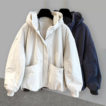 Geacă de iarnă cu glugă, stil coreean pentru bărbați, croială lejeră, fermoar frontal, umplutură din poliester