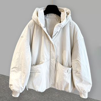 Geacă de iarnă cu glugă, stil coreean pentru bărbați, croială lejeră, fermoar frontal, umplutură din poliester