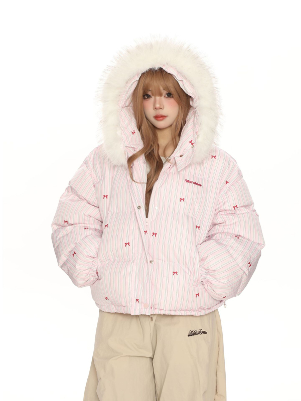 Női kapucnis pamut kabát, csíkos mintával, töltet: selyem-pamut, külső: poliészter, levehető műszőrmés gallér