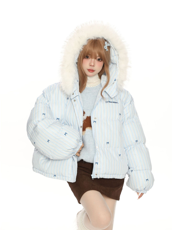 Női kapucnis pamut kabát, csíkos mintával, töltet: selyem-pamut, külső: poliészter, levehető műszőrmés gallér