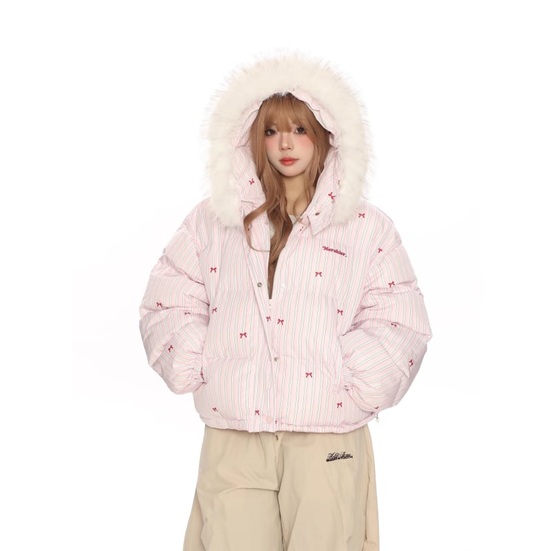 Női kapucnis pamut kabát, csíkos mintával, töltet: selyem-pamut, külső: poliészter, levehető műszőrmés gallér