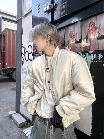 Μπομπέρ μπουφάν με βαμβακερό γέμισμα, κολάρο τύπου stand, φερμουάρ, χαλαρή γραμμή, επένδυση από πολυεστέρα