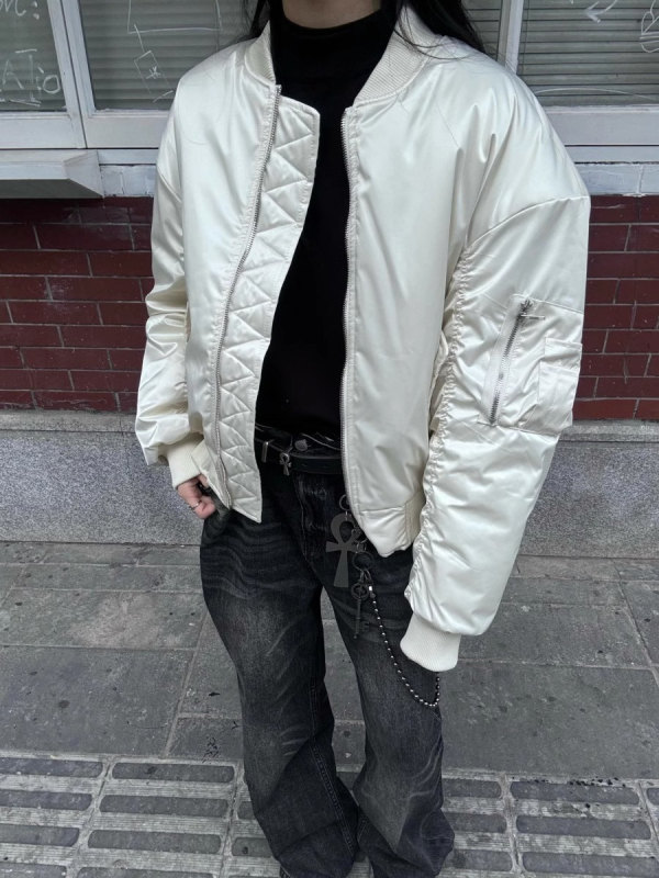 Μπομπέρ μπουφάν με βαμβακερό γέμισμα, κολάρο τύπου stand, φερμουάρ, χαλαρή γραμμή, επένδυση από πολυεστέρα