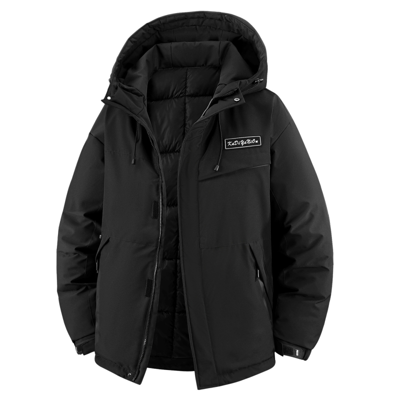 Geacă din bumbac cu căptușeală, croială lejeră, glugă, căldură densă, stil cardigan urban, fermoar, exterior și căptușeală poliester, iarnă 2025