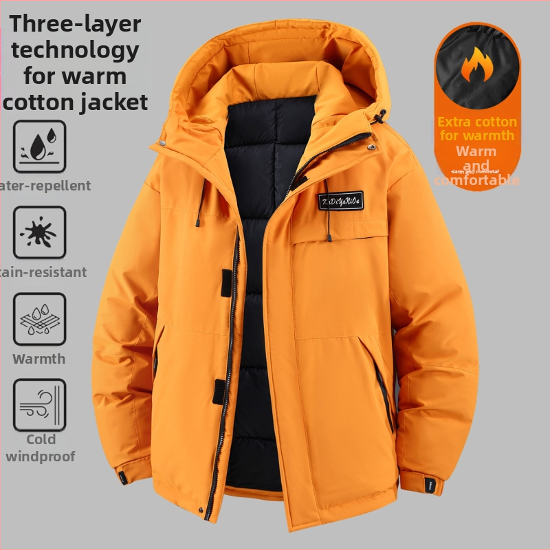 Geacă din bumbac cu căptușeală, croială lejeră, glugă, căldură densă, stil cardigan urban, fermoar, exterior și căptușeală poliester, iarnă 2025