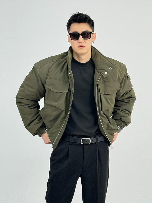 Μπουφάν με επένδυση από βαμβάκι σε στυλ μπόμπερ, με κολάρο στήριξης, μονόπερκος, χειμωνιάτικο ζεστό, εξωτερικό ύφασμα πολυεστέρα και επένδυση πολυεστέρα