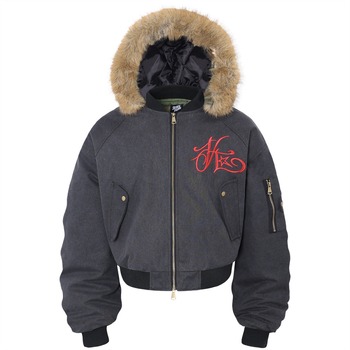 Μπουφάν bomber από βαμβάκι με κεντημένο γράμμα, κουκούλα, αποσπώμενος γούνινος γιακάς, φερμουάρ μπροστά, χειμερινό μήκος μεσαίου