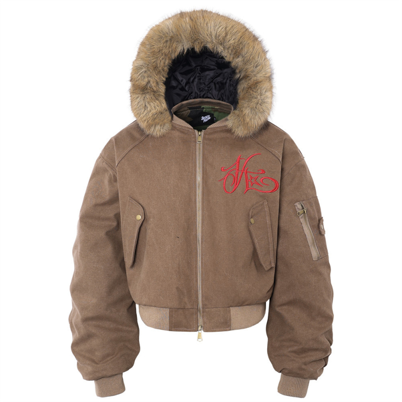 Μπουφάν bomber από βαμβάκι με κεντημένο γράμμα, κουκούλα, αποσπώμενος γούνινος γιακάς, φερμουάρ μπροστά, χειμερινό μήκος μεσαίου