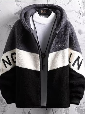 Ανδρικό μπουφάν από αρνίσιο μαλλί με επένδυση, κουκούλα, φερμουάρ, πολλαπλές τσέπες, μεσαίου μήκους