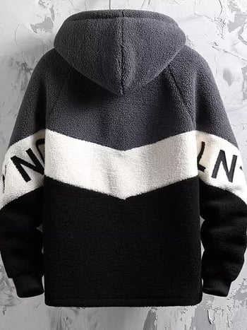 Ανδρικό μπουφάν από αρνίσιο μαλλί με επένδυση, κουκούλα, φερμουάρ, πολλαπλές τσέπες, μεσαίου μήκους