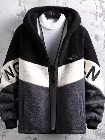 Ανδρικό μπουφάν από αρνίσιο μαλλί με επένδυση, κουκούλα, φερμουάρ, πολλαπλές τσέπες, μεσαίου μήκους