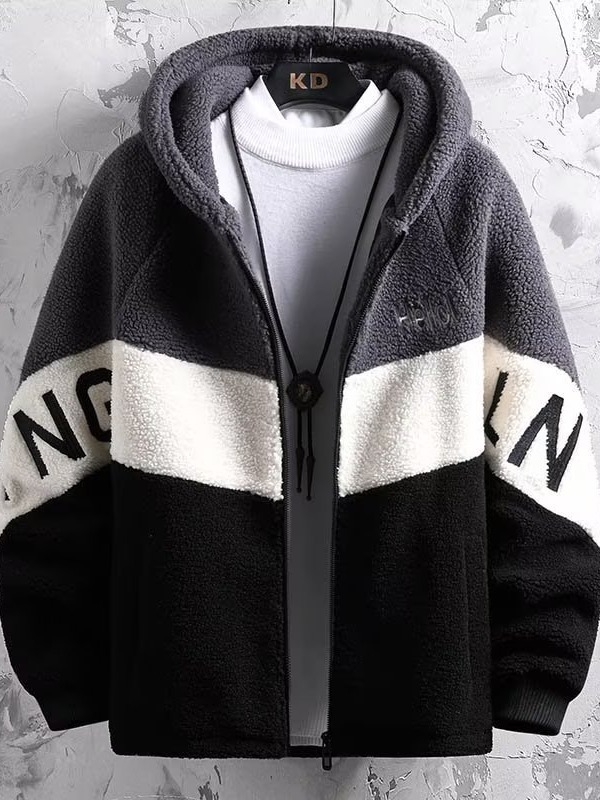 Ανδρικό μπουφάν από αρνίσιο μαλλί με επένδυση, κουκούλα, φερμουάρ, πολλαπλές τσέπες, μεσαίου μήκους