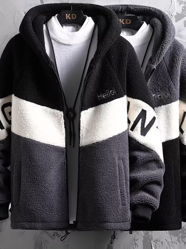 Ανδρικό μπουφάν από αρνίσιο μαλλί με επένδυση, κουκούλα, φερμουάρ, πολλαπλές τσέπες, μεσαίου μήκους