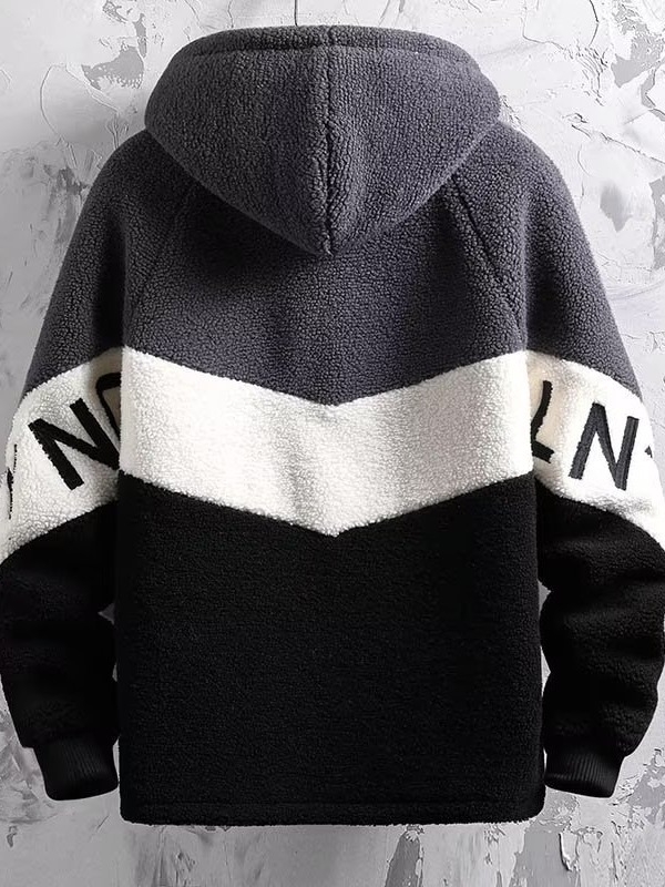 Ανδρικό μπουφάν από αρνίσιο μαλλί με επένδυση, κουκούλα, φερμουάρ, πολλαπλές τσέπες, μεσαίου μήκους