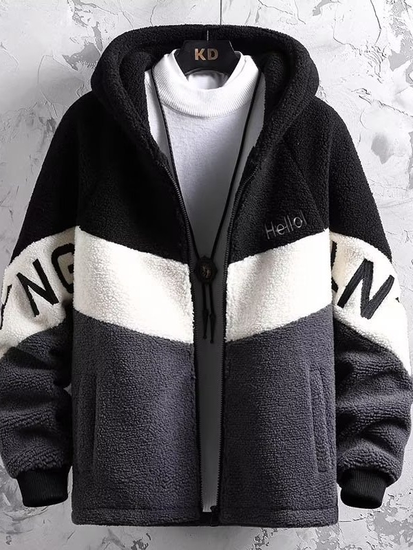 Ανδρικό μπουφάν από αρνίσιο μαλλί με επένδυση, κουκούλα, φερμουάρ, πολλαπλές τσέπες, μεσαίου μήκους