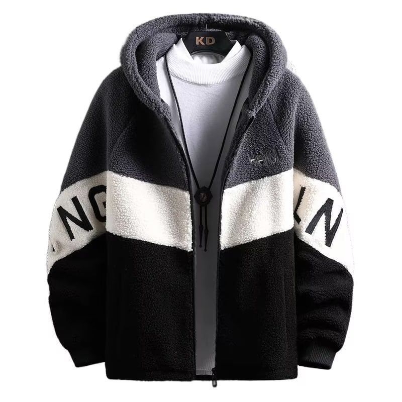 Ανδρικό μπουφάν από αρνίσιο μαλλί με επένδυση, κουκούλα, φερμουάρ, πολλαπλές τσέπες, μεσαίου μήκους