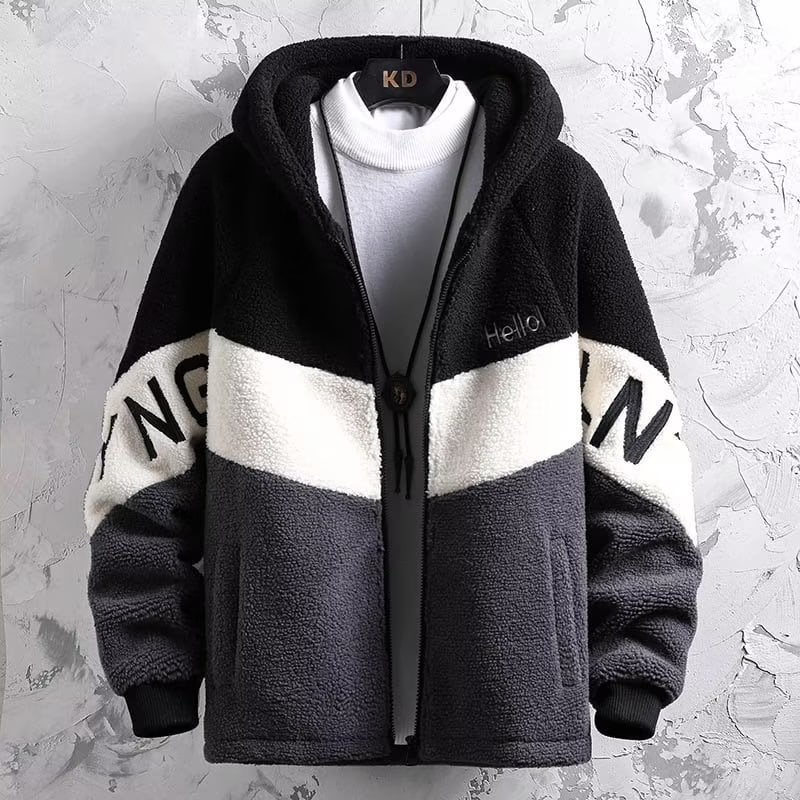 Ανδρικό μπουφάν από αρνίσιο μαλλί με επένδυση, κουκούλα, φερμουάρ, πολλαπλές τσέπες, μεσαίου μήκους