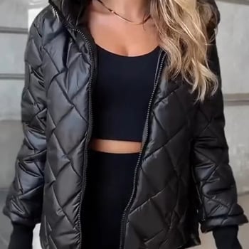 Κοντή καπιτονέ γυναικεία μπουφάν με κουκούλα – γέμισμα πολυεστερικό-βαμβάκι, ύφασμα πολυεστέρα, φερμουάρ, μακριά μανίκια, μεσαίο πάχος, φθινοπωρινό-χειμερινό 2025