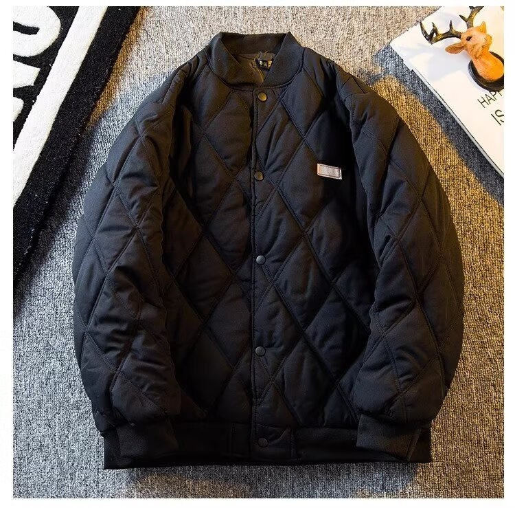 Palton bărbătesc din bumbac, umplut, cu model diamant în carouri, căptușit cu fleece, închidere cu nasturi pe un rând, țesătură vinilon