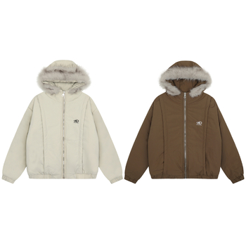Ženski kaput s pamukom punjenim, kapuljačom s krznom, vanjska najlonska tkanina, zatvarač, debela izolacija