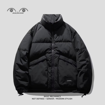 Αδιάβροχο βαμβακερό μπουφάν με επένδυση πολυεστέρα, κουκούλα, χαλαρή γραμμή, φερμουάρ, μονόχρωμο