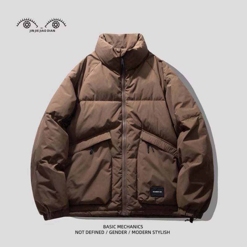 Αδιάβροχο βαμβακερό μπουφάν με επένδυση πολυεστέρα, κουκούλα, χαλαρή γραμμή, φερμουάρ, μονόχρωμο