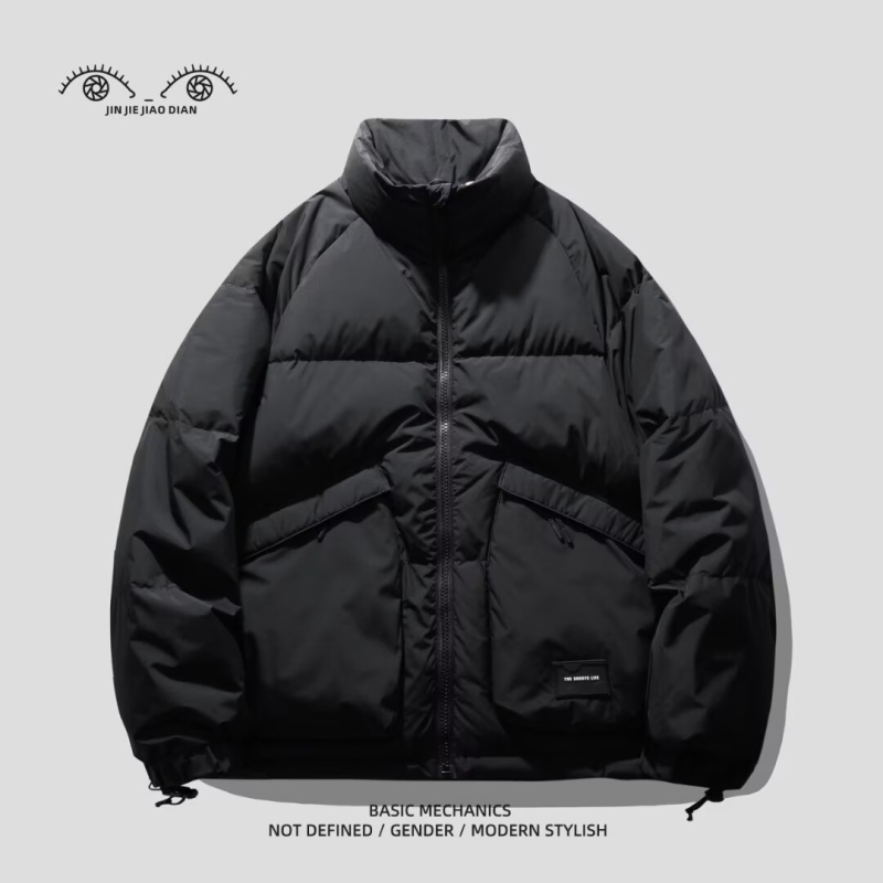 Αδιάβροχο βαμβακερό μπουφάν με επένδυση πολυεστέρα, κουκούλα, χαλαρή γραμμή, φερμουάρ, μονόχρωμο