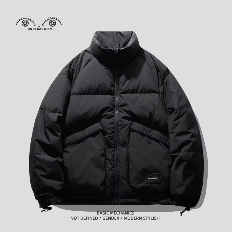 Αδιάβροχο βαμβακερό μπουφάν με επένδυση πολυεστέρα, κουκούλα, χαλαρή γραμμή, φερμουάρ, μονόχρωμο