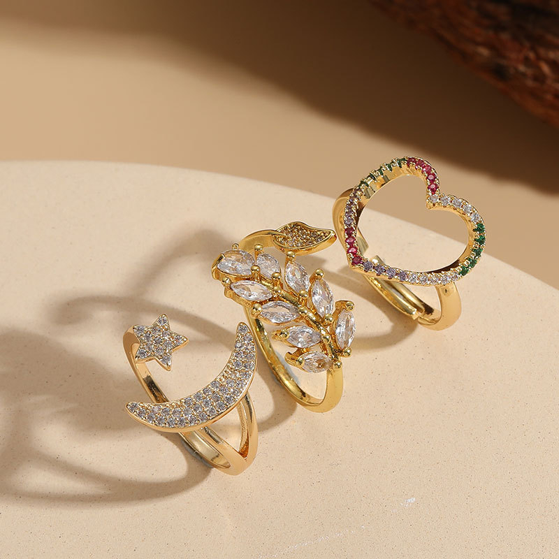 Inel cu stea și lună geometrică din zirconiu, stil Ins, placat cu cupru și aur real 14K, True Love Infinity