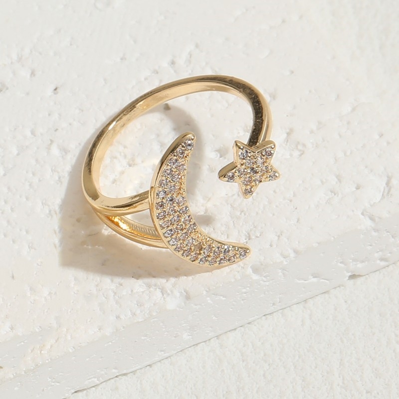 Inel cu stea și lună geometrică din zirconiu, stil Ins, placat cu cupru și aur real 14K, True Love Infinity