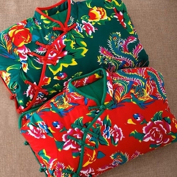 Ženska jakna od poliestera s punilom od svile-pamuka, etnički floralni uzorak, stojeći ovratnik, srednja duljina, opušten kroj