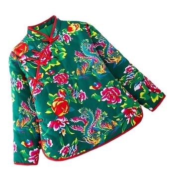 Ženska jakna od poliestera s punilom od svile-pamuka, etnički floralni uzorak, stojeći ovratnik, srednja duljina, opušten kroj