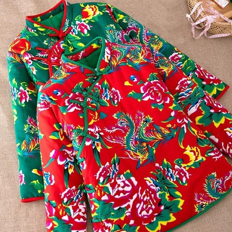 Ženska jakna od poliestera s punilom od svile-pamuka, etnički floralni uzorak, stojeći ovratnik, srednja duljina, opušten kroj