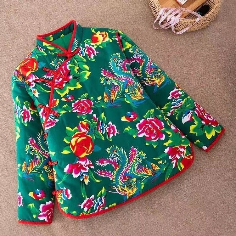 Ženska jakna od poliestera s punilom od svile-pamuka, etnički floralni uzorak, stojeći ovratnik, srednja duljina, opušten kroj